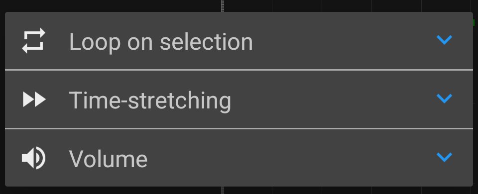 Screenshot of the playback options panel listing Loop on selection, Time-stretching and Volume